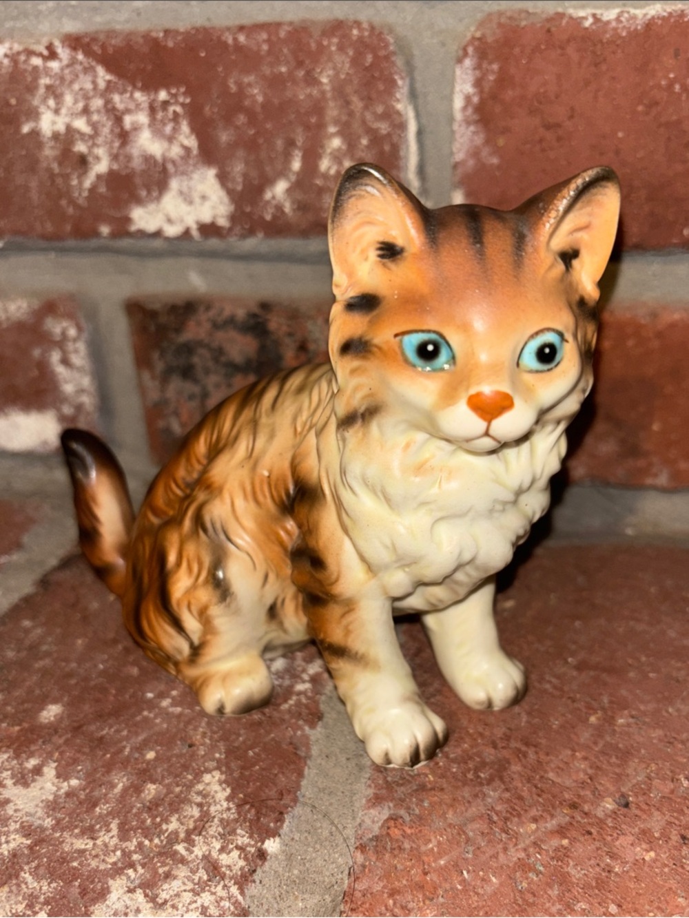 Lefton Orange & Cream Ceramic Cat Figurine with Blue Eyes